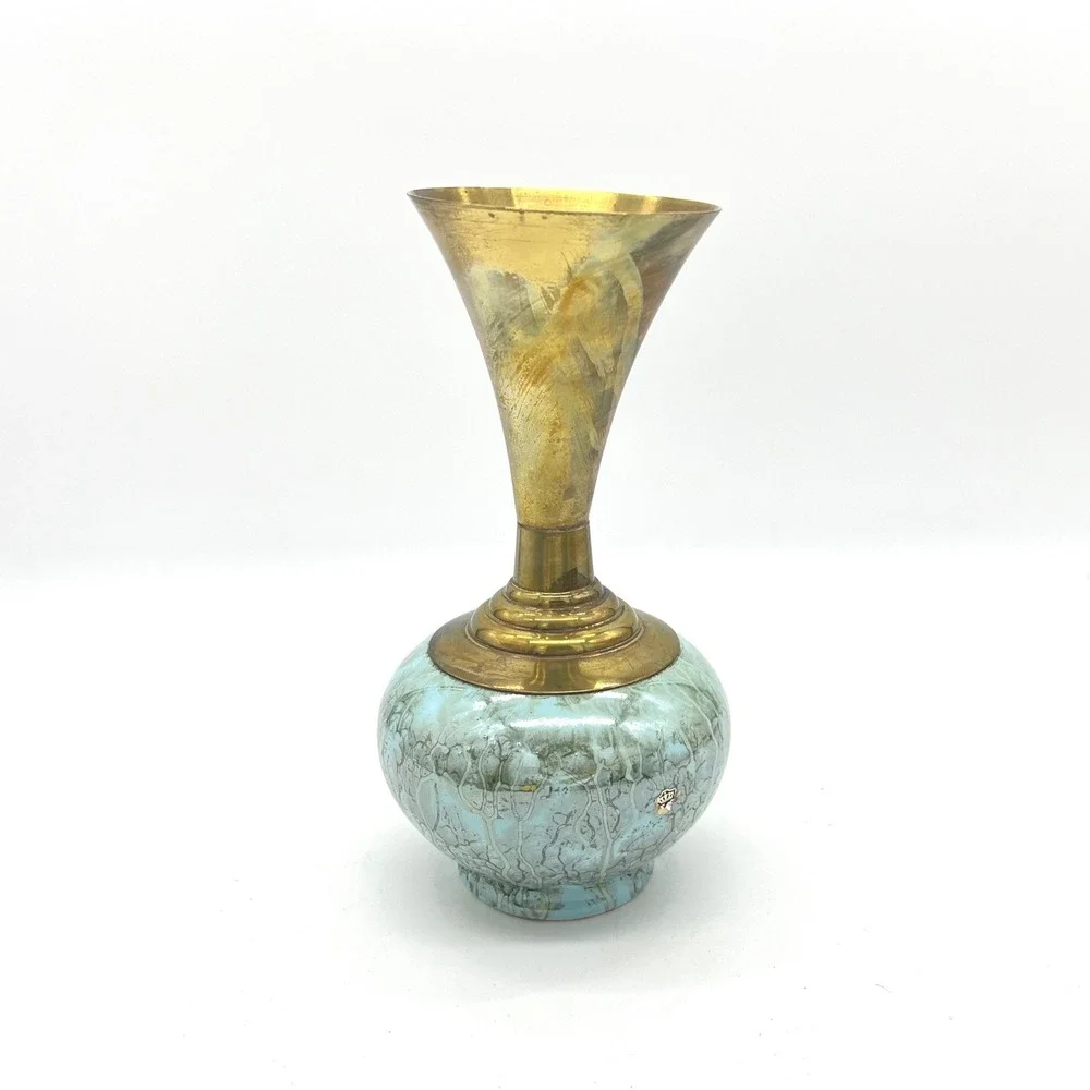 Vintage Holland Turquoise Crackle Ceramic and Brass‎ Flared Bud Vase MCM
